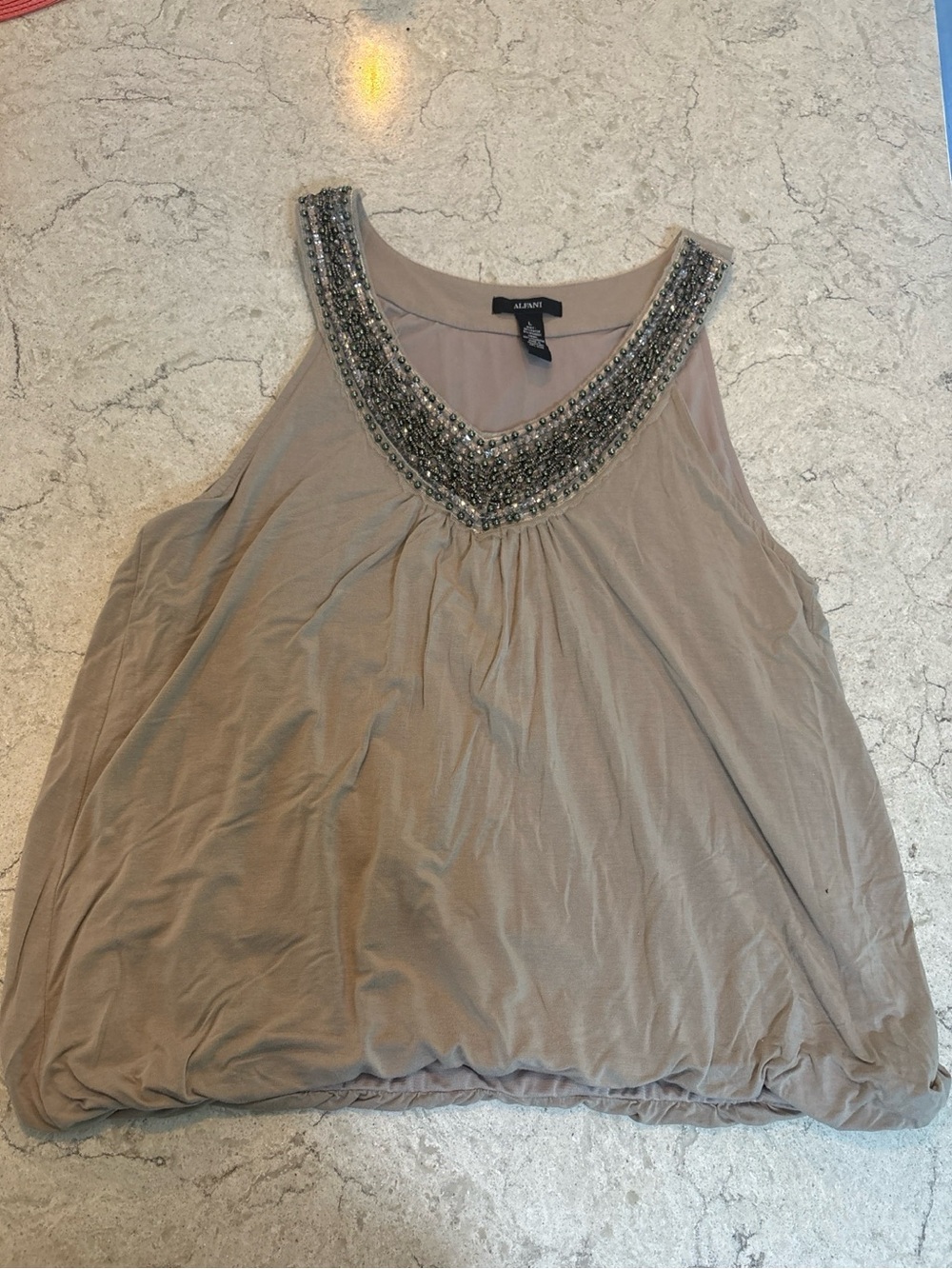 Alfani Sleeveless Bubble Hem Blouse Taupe | Women’s L
